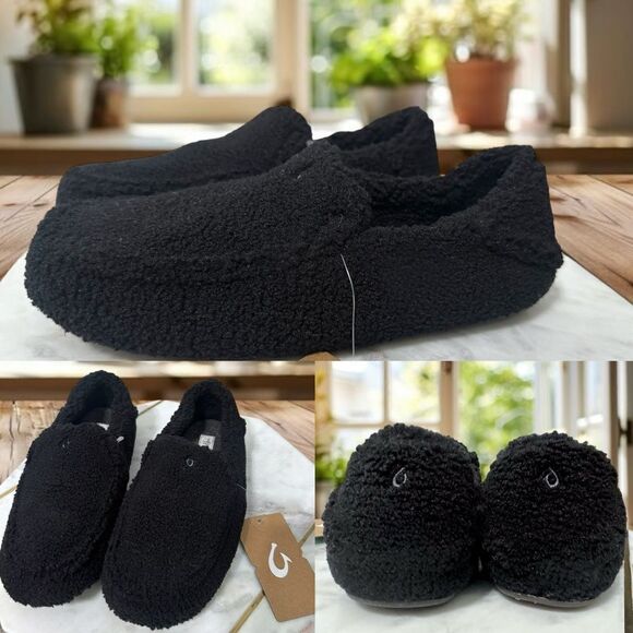 🔥🔥 OLUKAI Nohea Heu Black Shearling Slip On Loafer Slipper Flats Size 8 EU 38 - Picture 1 of 10